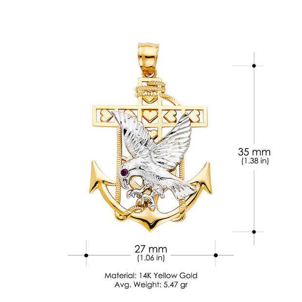 14K Gold Mariner Eagle Charm Pendant with 2mm Flat Open Wheat Chain Necklace