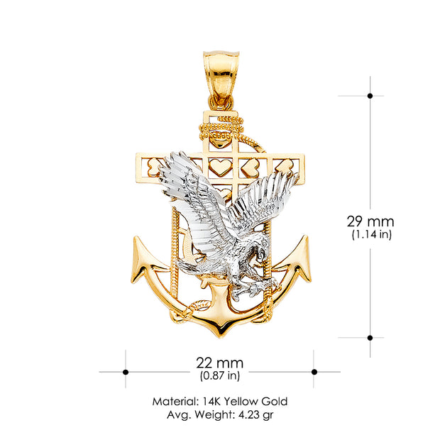 14K Gold Mariner Eagle Charm Pendant with 1.7mm Flat Open Wheat Chain Necklace