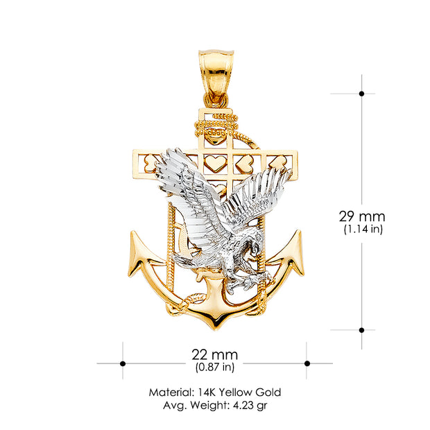 14K Gold Mariner Eagle Charm Pendant with 3.1mm Figaro 3+1 Chain Necklace