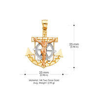 14K Gold Mariner Crucifix Charm Pendant with 3.1mm Figaro 3+1 Chain Necklace