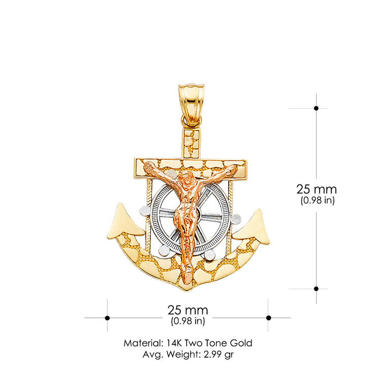 14K Gold Mariner Crucifix Charm Pendant with 3.1mm Figaro 3+1 Chain Necklace