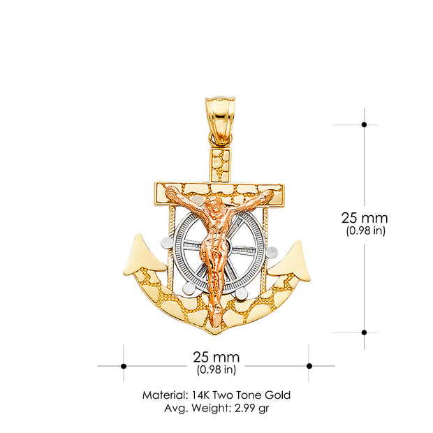 14K Gold Mariner Religious Crucifix Charm Pendant with 1.2mm Box Chain Necklace