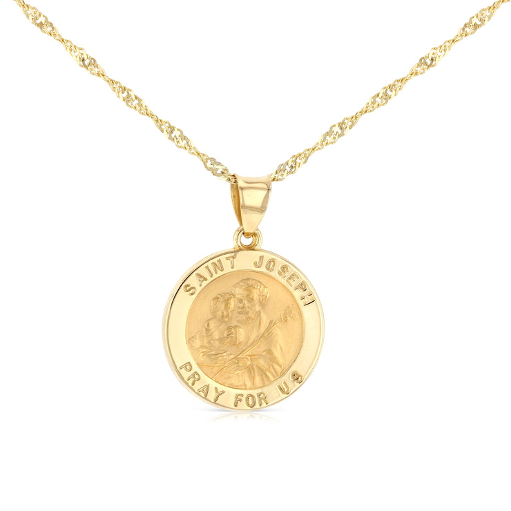 14K Gold St. Joseph Charm Pendant with 1.8mm Singapore Chain Necklace