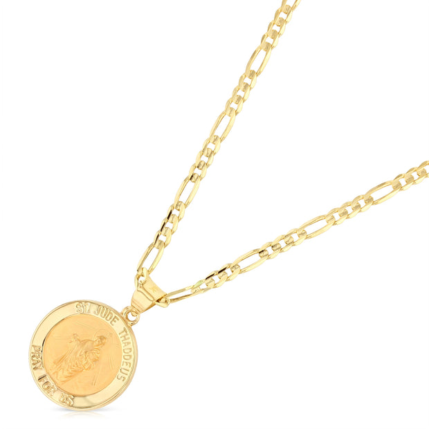 14K Gold St. Jude Thaddeus Charm Pendant with 3.1mm Figaro 3+1 Chain Necklace