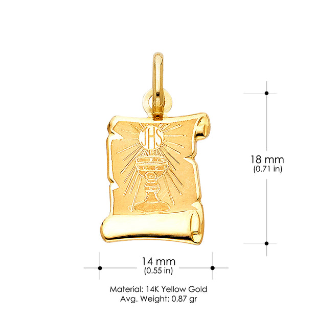 14K Gold Religious Communion Charm Pendant with 1.2mm Box Chain Necklace