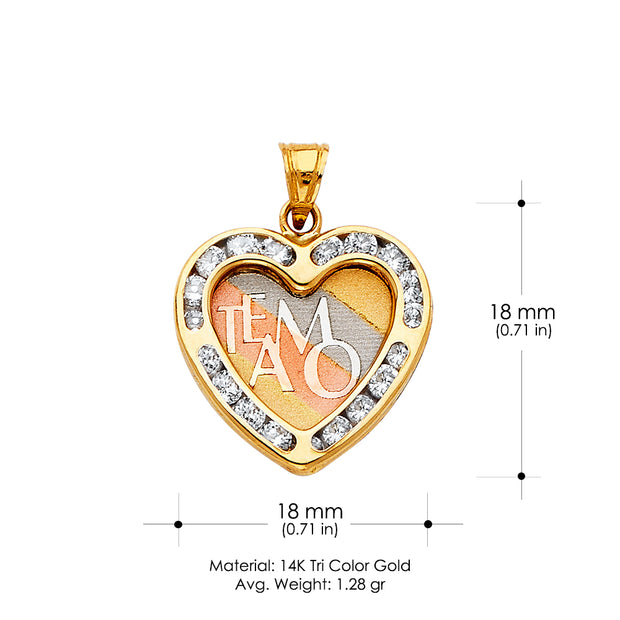 14K Gold CZ Te Amo Heart Charm Pendant