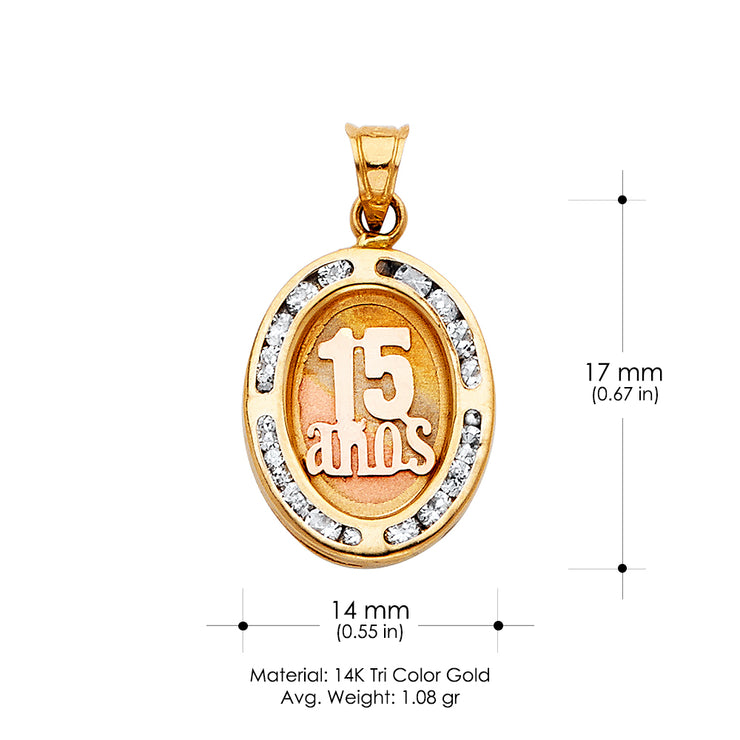 14K Gold CZ 15 Years Quinceanera Charm Pendant