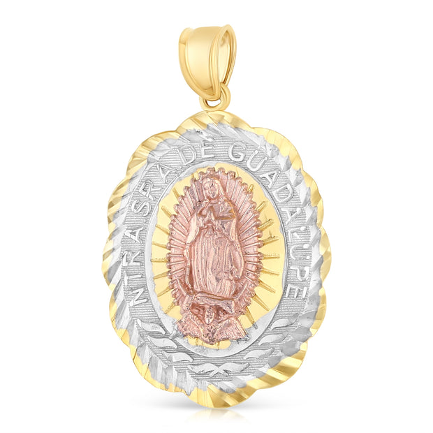 14K Gold Guadalupe Charm Pendant with 3.1mm Figaro 3+1 Chain Necklace