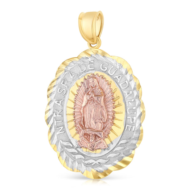 14K Gold Guadalupe Charm Pendant with 4.2mm Hollow Cuban Chain Necklace