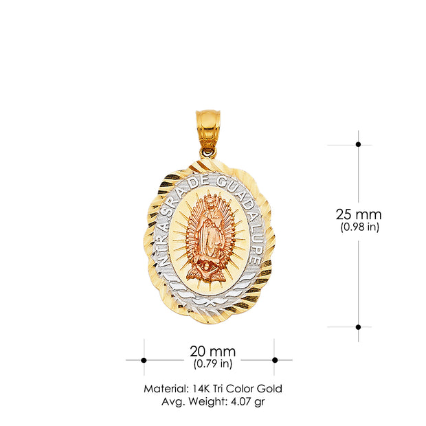 14K Gold Guadalupe Charm Pendant with 4.2mm Hollow Cuban Chain Necklace