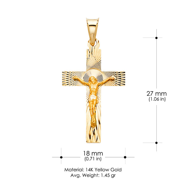 14K Gold Crucifix Stamp Charm Pendant with 1.7mm Flat Open Wheat Chain Necklace