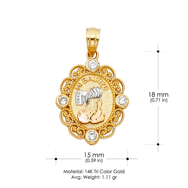 14K Gold CZ Baptism Charm Pendant with 0.9mm Wheat Chain Necklace