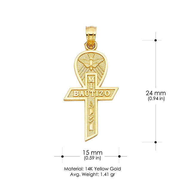 14K Gold Baptism Cross Charm Pendant with 0.9mm Wheat Chain Necklace