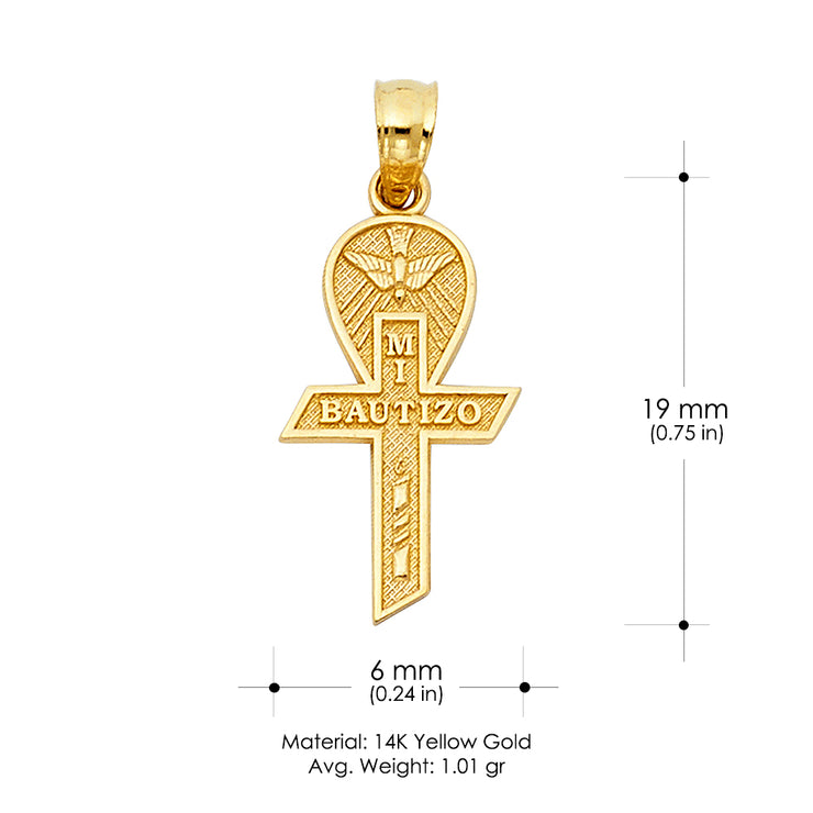 14K Gold Baptism Cross Charm Pendant with 0.9mm Wheat Chain Necklace