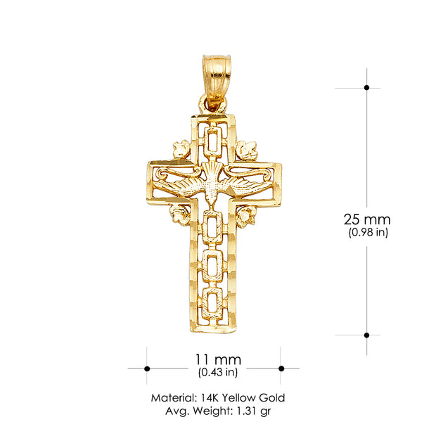 14K Gold Cross with Holy Spirit Dove Charm Pendant with 0.9mm Wheat Chain Necklace