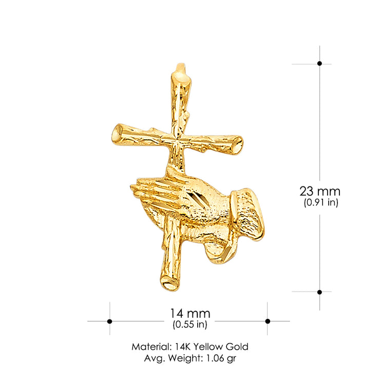 14K Gold Religious Praying Hand with Cross Charm Pendant