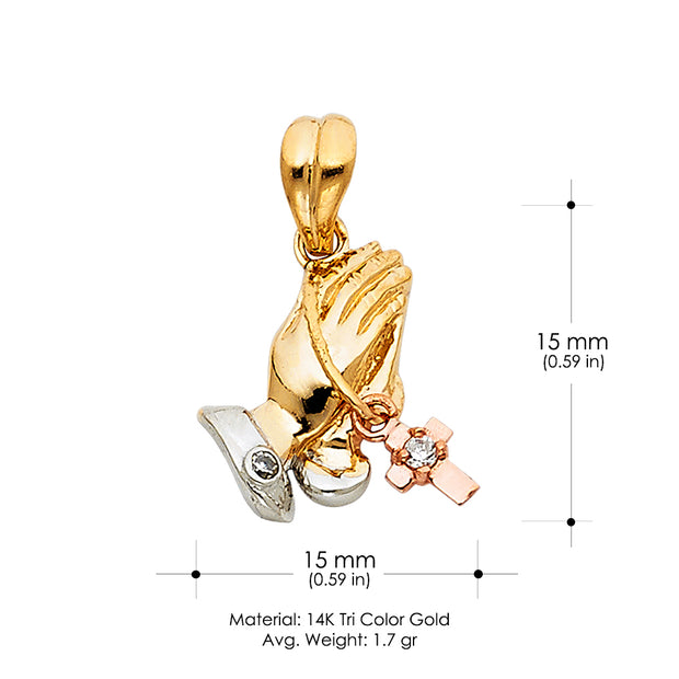 14K Gold CZ Religious Praying Hands Charm Pendant