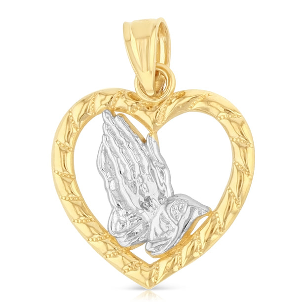 14K Gold Praying Hands in Heart Charm Pendant with 1.1mm Wheat Chain Necklace