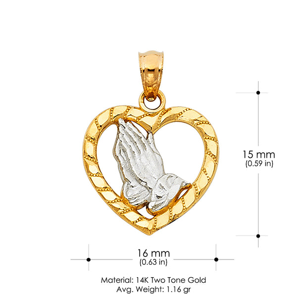 14K Gold Religious Praying Hands in Heart Charm Pendant