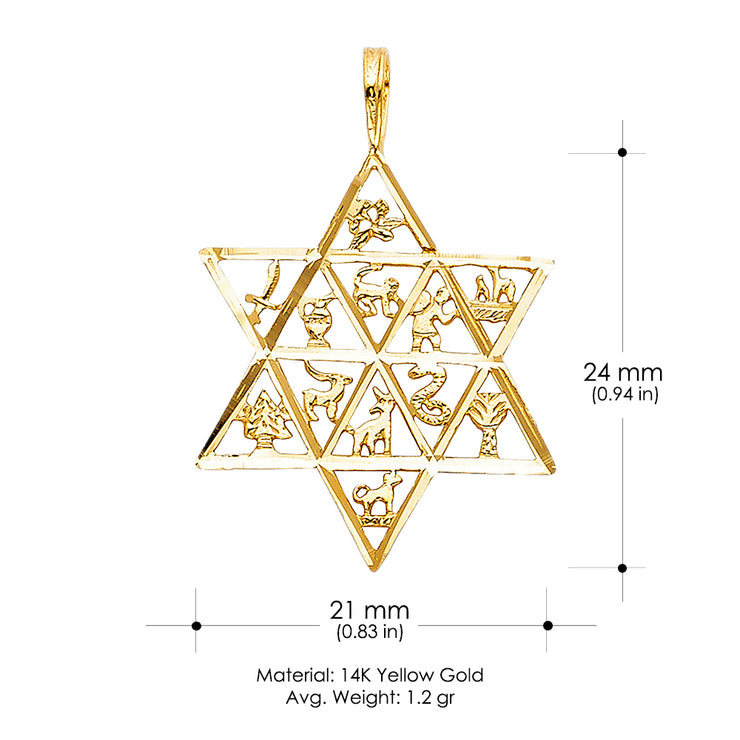 14K Gold 12 Animal Star Charm Pendant with 1.1mm Wheat Chain Necklace