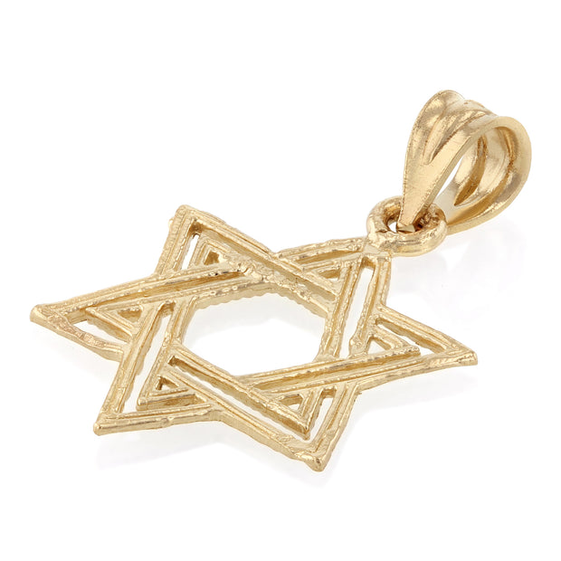 14K Gold Star of David Charm Pendant with 1.1mm Wheat Chain Necklace