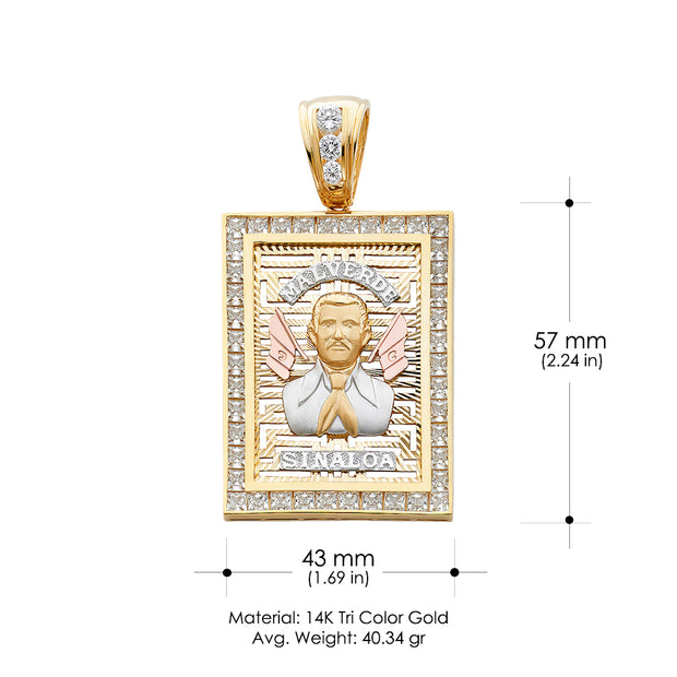 14K Gold CZ Malverde Sinaloa Charm Pendant with 4.2mm Valentino Star Diamond Cut Chain Necklace