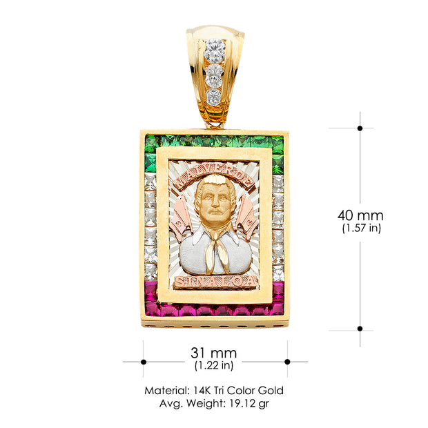14K Gold CZ Malverde Sinaloa Charm Pendant with 3.8mm Figaro 3+1 Chain Necklace