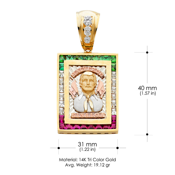 14K Gold CZ Malverde Sinaloa Charm Pendant