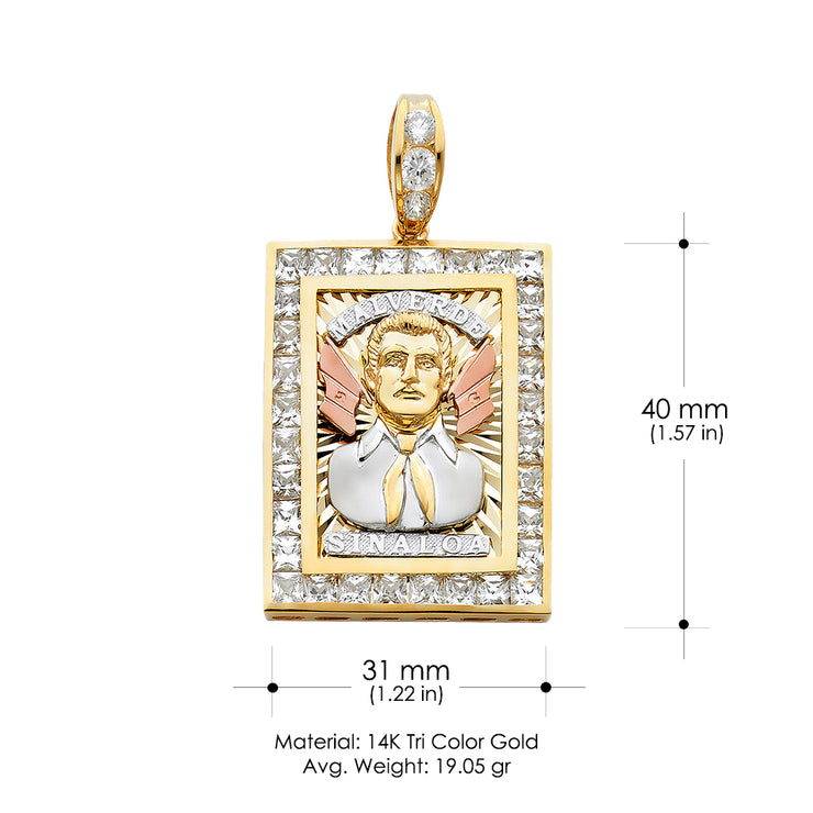 14K Gold CZ Malverde Sinaloa Charm Pendant with 4.9mm Hollow Cuban Chain Necklace