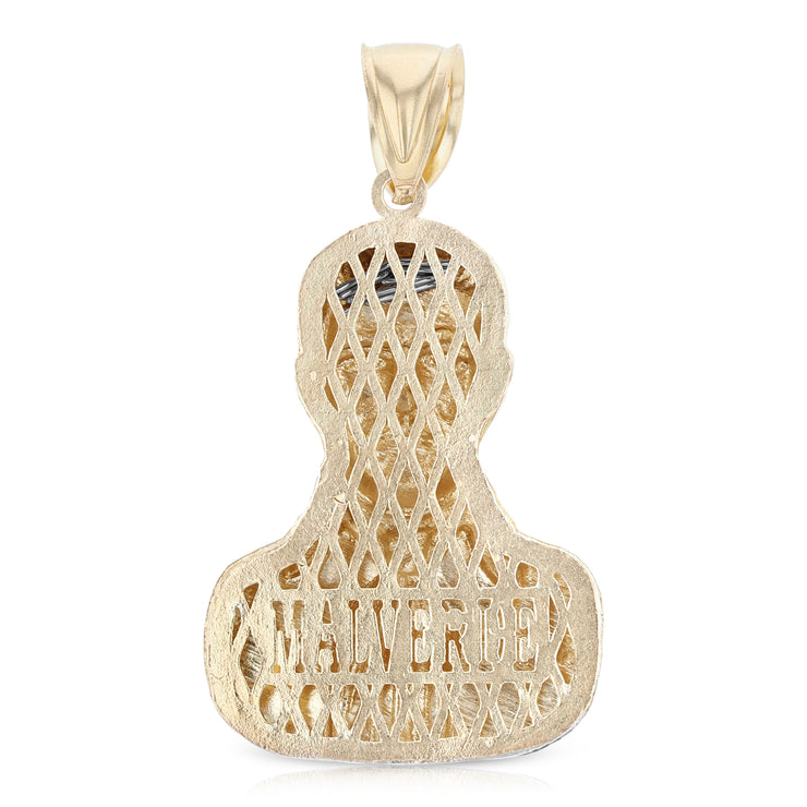 14K Gold Malverde Sinaloa Charm Pendant with 2mm Flat Open Wheat Chain Necklace