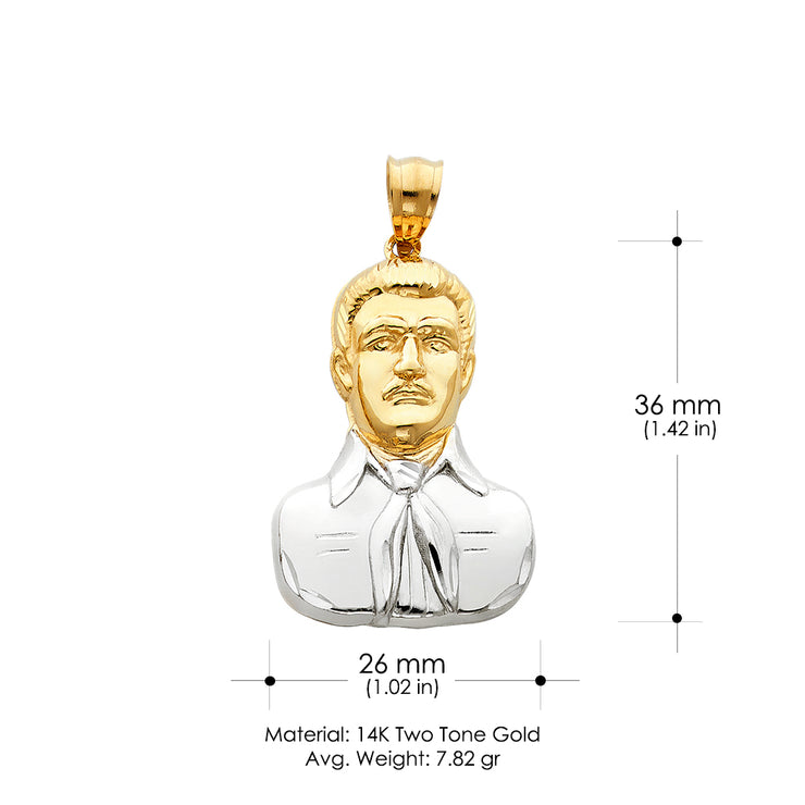 14K Gold Malverde Sinaloa Charm Pendant with 3.8mm Figaro 3+1 Chain Necklace