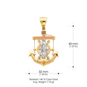 14K Gold Religious Guadalupe Charm Pendant 4.8mm Valentino Star Diamond Cut Chain
