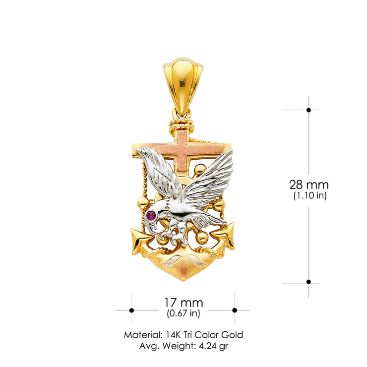 14K Gold Eagle Anchor Charm Pendant with 4.9mm Hollow Cuban Chain Necklace