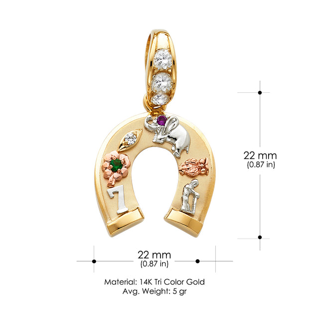 14K Gold CZ Lucky Horseshoe Charm Pendant 4.8mm Valentino Star Diamond Cut Chain