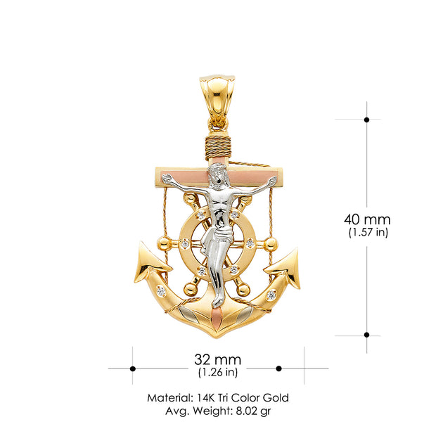 14K Gold Crucifix Anchor Charm Pendant with 4.9mm Hollow Cuban Chain Necklace