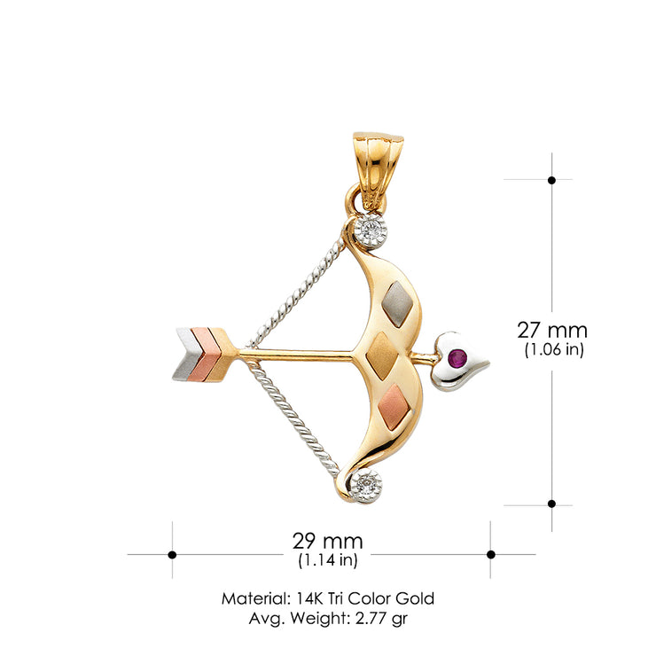 14K Gold CZ Bow & Arrow Charm Pendant with 3.8mm Figaro 3+1 Chain Necklace