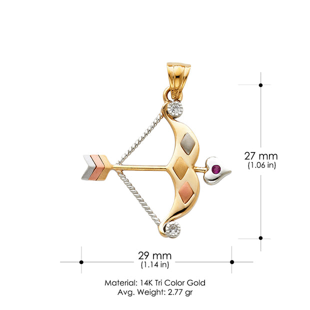 14K Gold CZ Bow & Arrow Charm Pendant 4.8mm Valentino Star Diamond Cut Chain