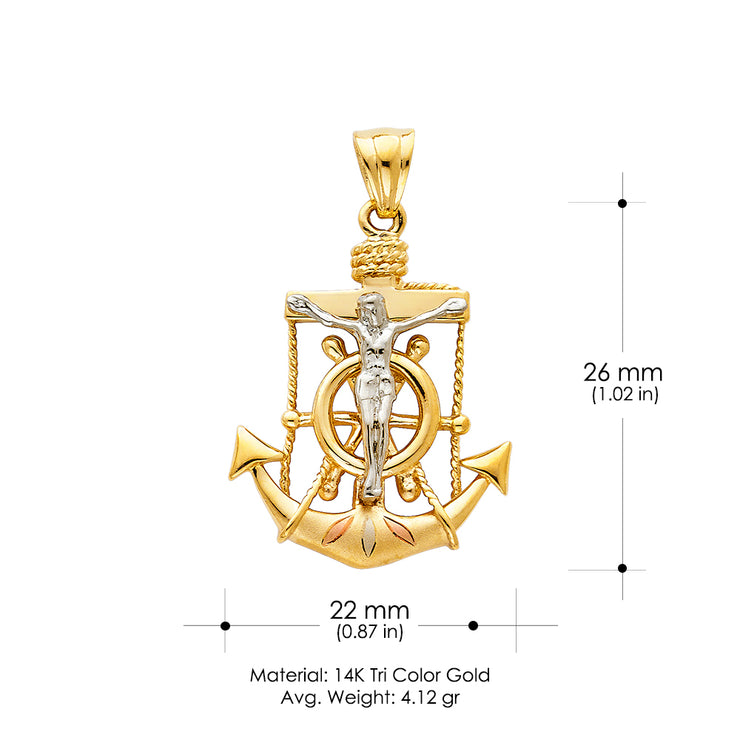 14K Gold Religious Crucifix Anchor Charm Pendant with 1.2mm Box Chain Necklace