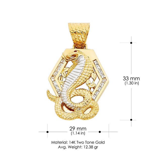 14K Gold CZ Viper Snake Charm Pendant with 2mm Flat Open Wheat Chain Necklace