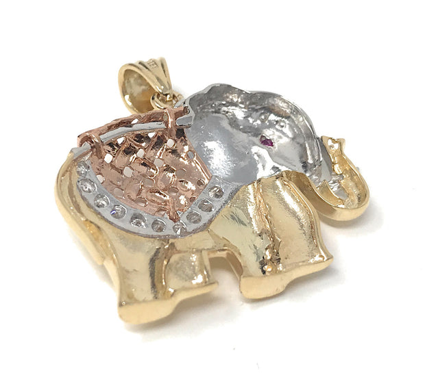 14K Gold CZ Elephant Charm Pendant with 3.8mm Figaro 3+1 Chain Necklace