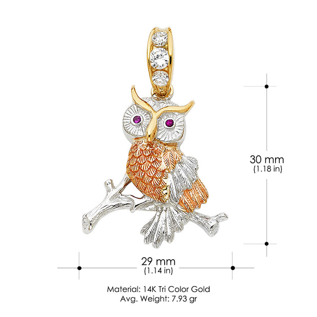 14K Gold CZ Owl Charm Pendant with 3.8mm Figaro 3+1 Chain Necklace