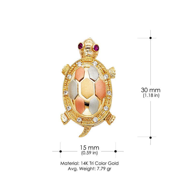 14K Gold CZ Turtle Charm Pendant with 3.1mm Figaro 3+1 Chain Necklace