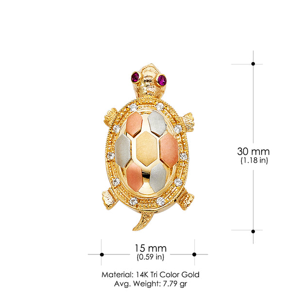 14K Gold CZ Turtle Charm Pendant with 3.4mm Hollow Cuban Chain Necklace
