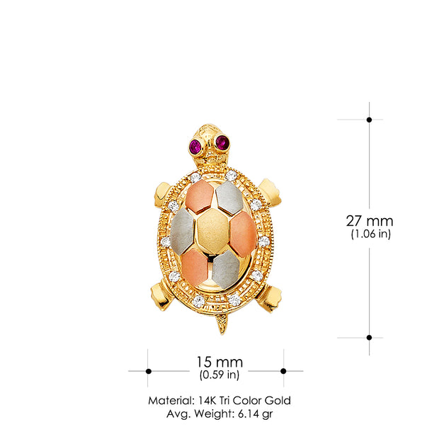 14K Gold CZ Turtle Charm Pendant with 3.1mm Figaro 3+1 Chain Necklace