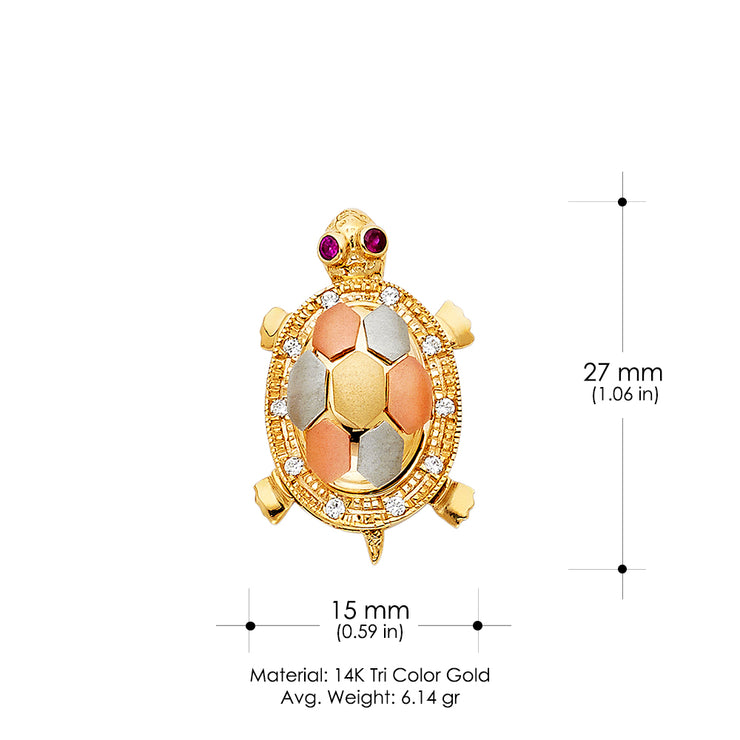 14K Gold CZ Turtle Charm Pendant with 3.1mm Figaro 3+1 Chain Necklace