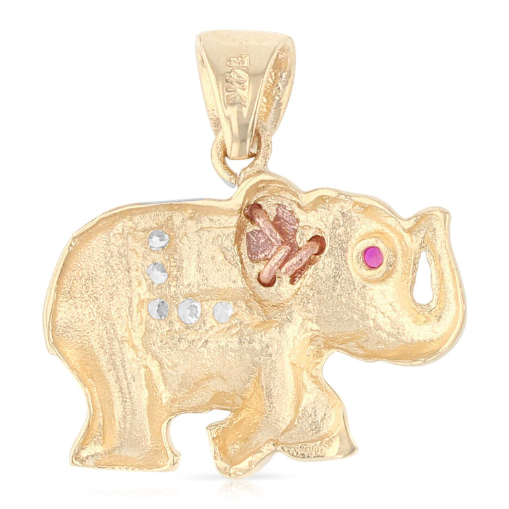 14K Gold CZ Elephant Charm Pendant with 1.5mm Flat Open Wheat Chain Necklace