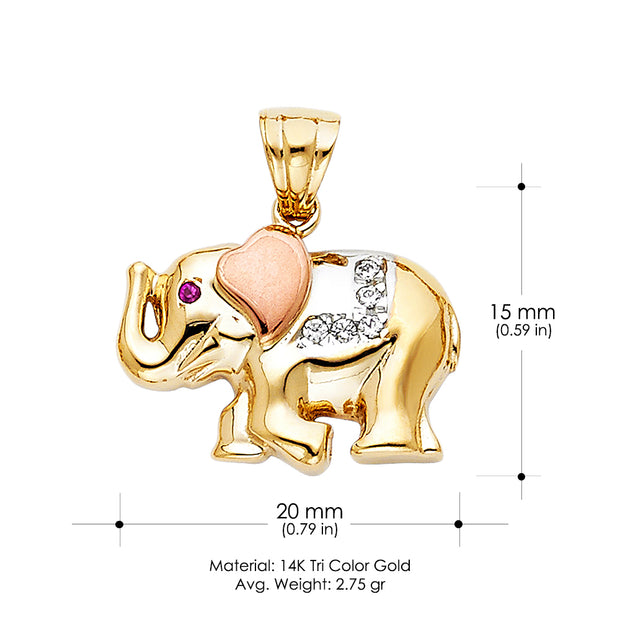 14K Gold CZ Elephant Charm Pendant with 1.5mm Flat Open Wheat Chain Necklace