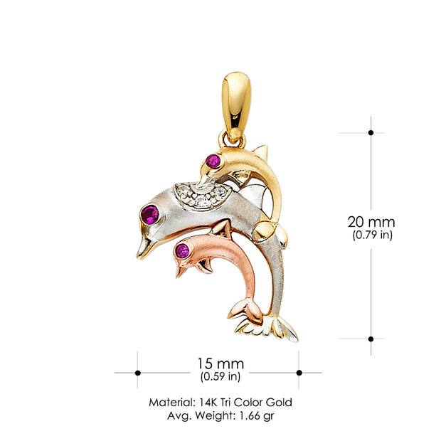 14K Gold CZ Dolphin Charm Pendant with 1.2mm Singapore Chain Necklace