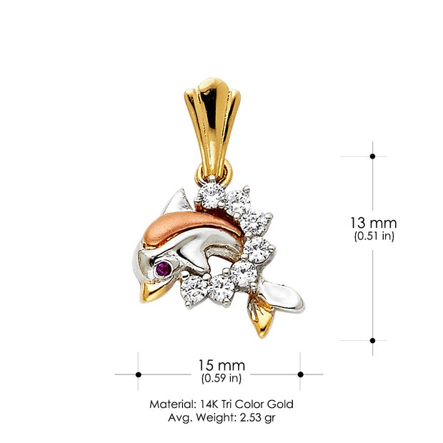14K Gold CZ Dolphin Charm Pendant with 0.8mm Box Chain Necklace