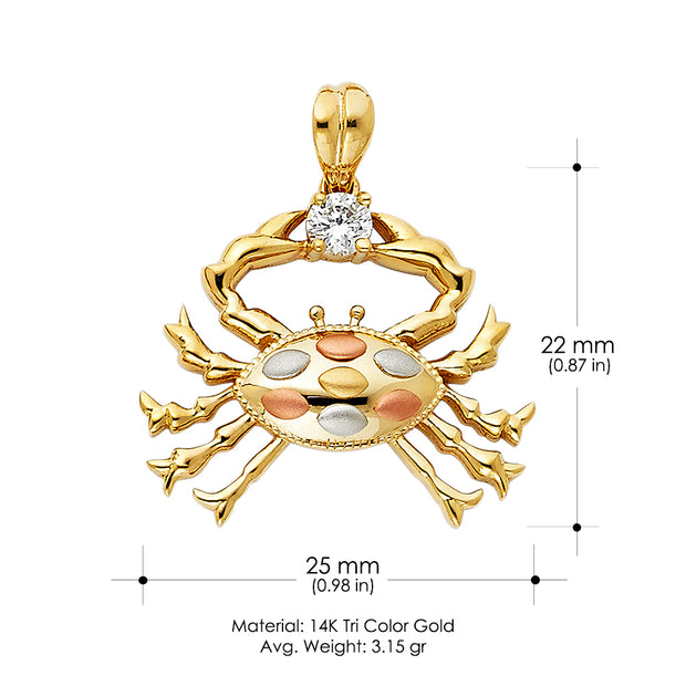 14K Gold CZ Crab Charm Pendant with 3.3mm Valentino Star Diamond Cut Chain Necklace